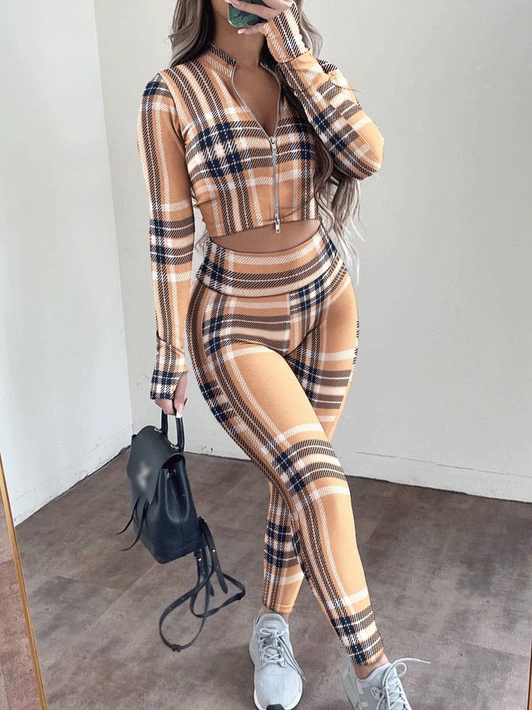 Women's Sets Printed Stand Collar Zipper Crop Top & High Waist Trousers Two-Piece Suit - Sets - INS | Online Fashion Free Shipping Clothing, Dresses, Tops, Shoes - 29/10/2021 - 40-50 - Bottoms