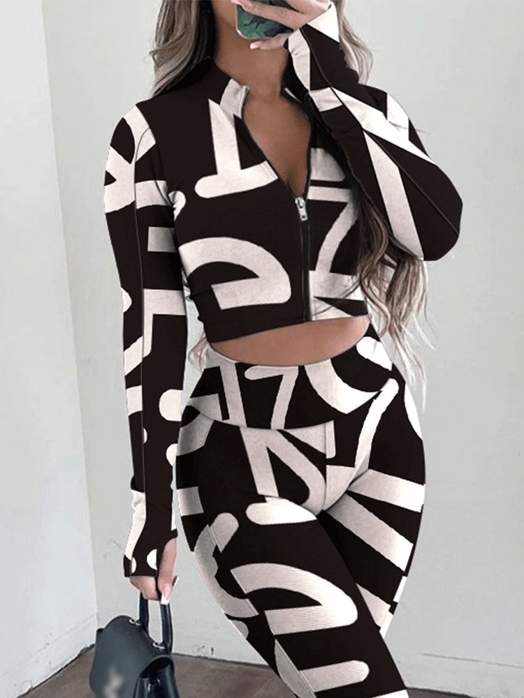 Women's Sets Printed Stand Collar Zipper Crop Top & High Waist Trousers Two-Piece Suit - Sets - INS | Online Fashion Free Shipping Clothing, Dresses, Tops, Shoes - 29/10/2021 - 40-50 - Bottoms