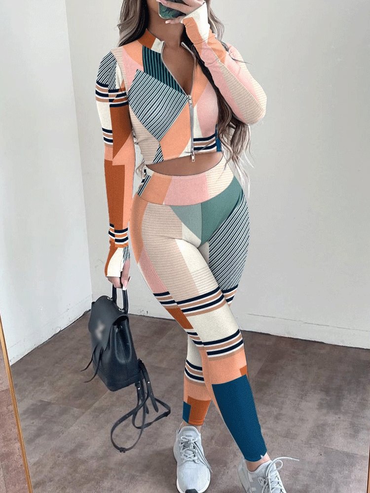 Women's Sets Printed Stand Collar Zipper Crop Top & High Waist Trousers Two-Piece Suit - Sets - INS | Online Fashion Free Shipping Clothing, Dresses, Tops, Shoes - 29/10/2021 - 40-50 - Bottoms