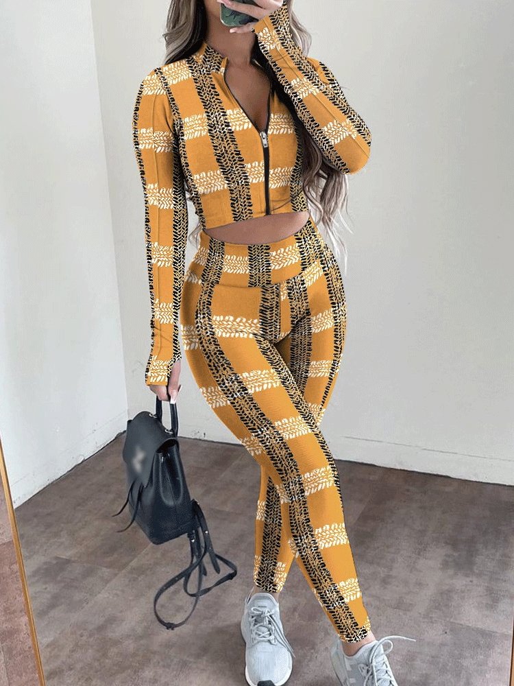 Women's Sets Printed Stand Collar Zipper Crop Top & High Waist Trousers Two-Piece Suit - Sets - INS | Online Fashion Free Shipping Clothing, Dresses, Tops, Shoes - 29/10/2021 - 40-50 - Bottoms