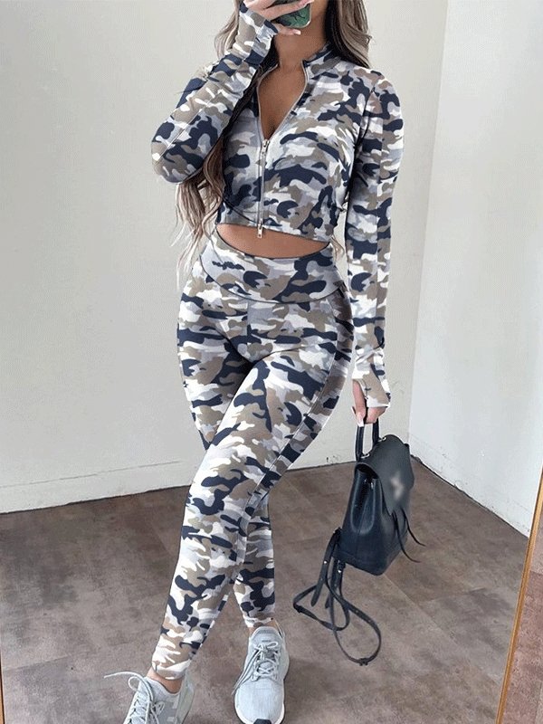 Women's Sets Printed Stand Collar Zipper Crop Top & High Waist Trousers Two-Piece Suit - Sets - INS | Online Fashion Free Shipping Clothing, Dresses, Tops, Shoes - 29/10/2021 - 40-50 - Bottoms
