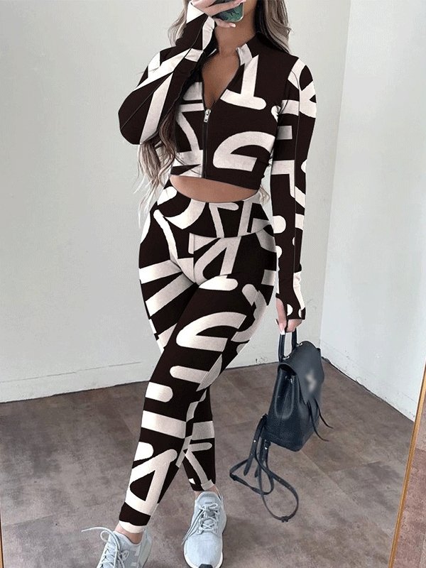 Women's Sets Printed Stand Collar Zipper Crop Top & High Waist Trousers Two-Piece Suit - Sets - INS | Online Fashion Free Shipping Clothing, Dresses, Tops, Shoes - 29/10/2021 - 40-50 - Bottoms