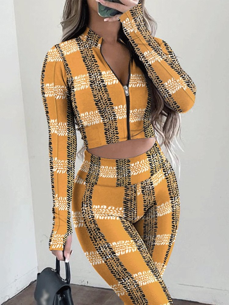 Women's Sets Printed Stand Collar Zipper Crop Top & High Waist Trousers Two-Piece Suit - Sets - INS | Online Fashion Free Shipping Clothing, Dresses, Tops, Shoes - 29/10/2021 - 40-50 - Bottoms