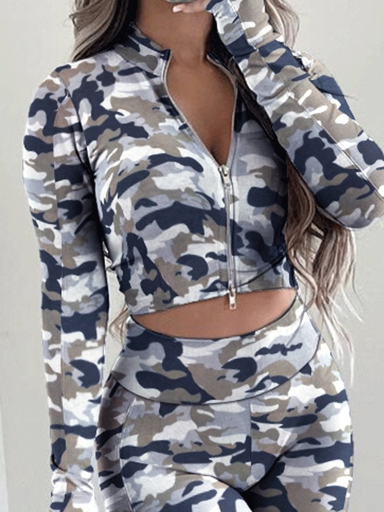 Women's Sets Printed Stand Collar Zipper Crop Top & High Waist Trousers Two-Piece Suit - Sets - INS | Online Fashion Free Shipping Clothing, Dresses, Tops, Shoes - 29/10/2021 - 40-50 - Bottoms