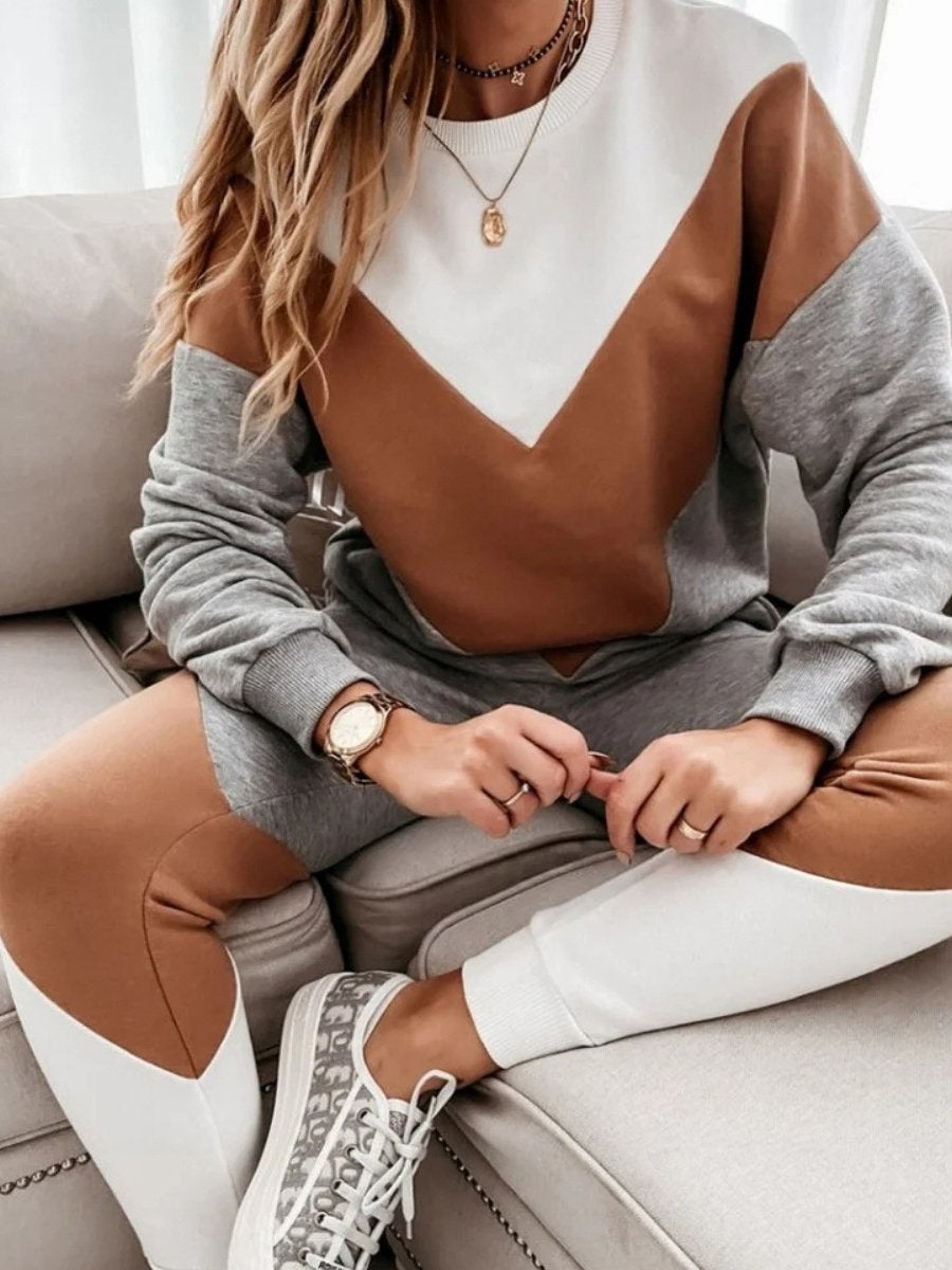 Women's Sets Round Neck Color Matching Long Sleeve Trousers Two-Piece Suit - Sets - INS | Online Fashion Free Shipping Clothing, Dresses, Tops, Shoes - 11/11/2021 - 30-40 - Bottoms
