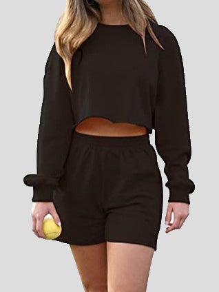 Women's Sets Solid Cropped Navel Long Sleeve Shorts Sports Two-Piece Set - Sets - Instastyled | Online Fashion Free Shipping Clothing, Dresses, Tops, Shoes - 13//01/2022 - 30-40 - Bottoms