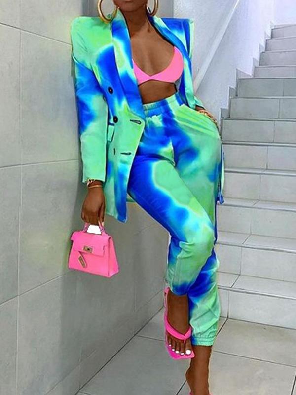 Women's Sets Tie-Dye Long Sleeve Blazer & Pants Two-Piece Suit - Sets - INS | Online Fashion Free Shipping Clothing, Dresses, Tops, Shoes - 30/09/2021 - Bottom - Color_Green