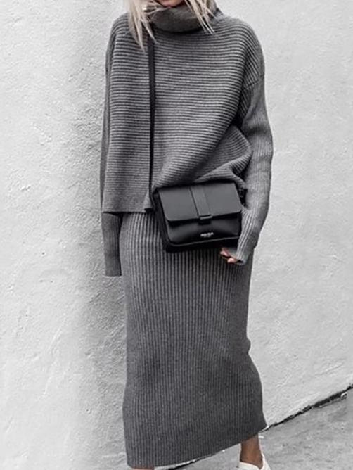 Women's Sets Turtleneck Long Sleeve Sweater & Knitted Skirt Two-Piece Suit - Sets - INS | Online Fashion Free Shipping Clothing, Dresses, Tops, Shoes - 15/10/2021 - Bottom - Color_Gray