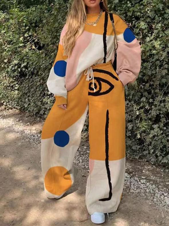 Women's Sets Two-Piece Casual Round Neck Loose Printed Elasticated Trousers - Sets - INS | Online Fashion Free Shipping Clothing, Dresses, Tops, Shoes - 11/08/2021 - Bottom - Category_Sets