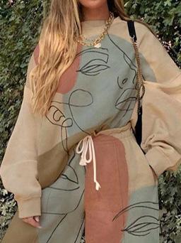 Women's Sets Two-Piece Casual Round Neck Loose Printed Elasticated Trousers - Sets - INS | Online Fashion Free Shipping Clothing, Dresses, Tops, Shoes - 11/08/2021 - Bottom - Category_Sets