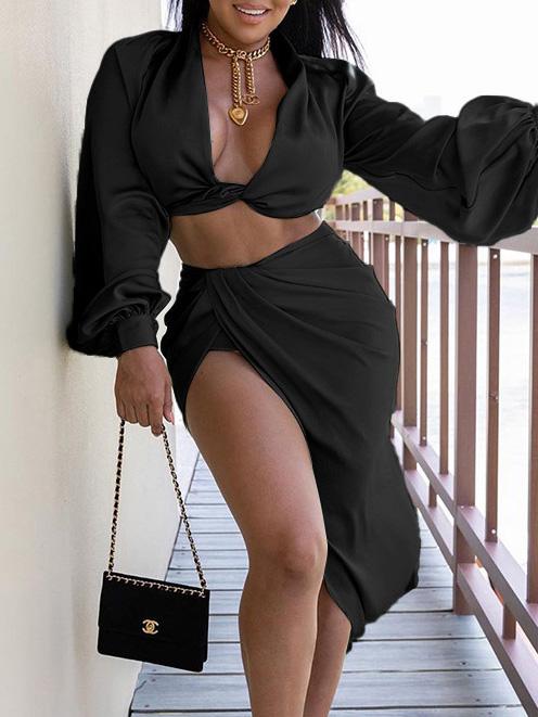 Women's Sets Two-Piece Suit Crop Long Sleeve Blouse Split Long Skirt - Sets - INS | Online Fashion Free Shipping Clothing, Dresses, Tops, Shoes - 21/08/2021 - 30-40 - Bottom