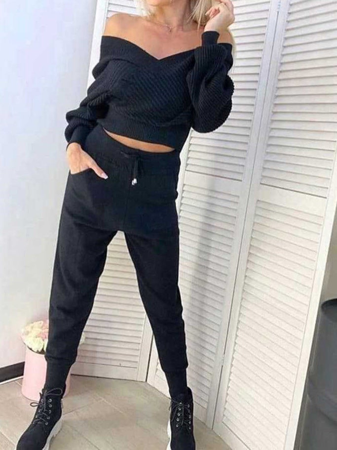 Women's Sets V-Neck Doll Sleeve Sweater & Pants Knit Two-Piece Set - Sets - Instastyled | Online Fashion Free Shipping Clothing, Dresses, Tops, Shoes - 17/01/2022 - Bottoms - color-black