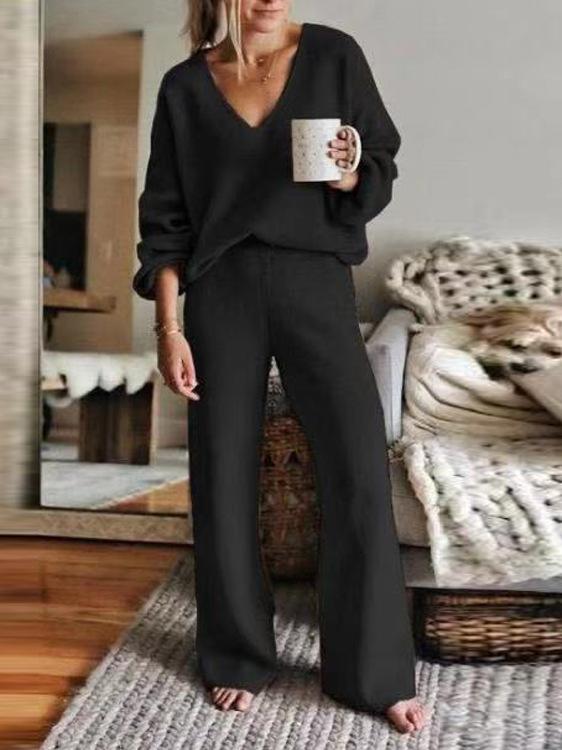 Women's Sets V-Neck Long Sleeve Elastic Pants Casual Two-Piece Suit - Sets - INS | Online Fashion Free Shipping Clothing, Dresses, Tops, Shoes - 15/11/2021 - Bottoms - Color_Black