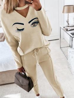 Women's Sets V-Neck Printed Long Sleeve Elasticated Two-Piece Suit - Sets - INS | Online Fashion Free Shipping Clothing, Dresses, Tops, Shoes - 23/10/2021 - 30-40 - Bottoms