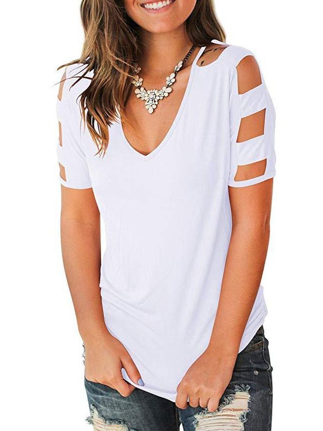 Women's Short Sleeve Cut Out Cold Shoulder Tops Deep V Neck T Shirts - T-Shirts - INS | Online Fashion Free Shipping Clothing, Dresses, Tops, Shoes - 16/03/2021 - 2XL - Black