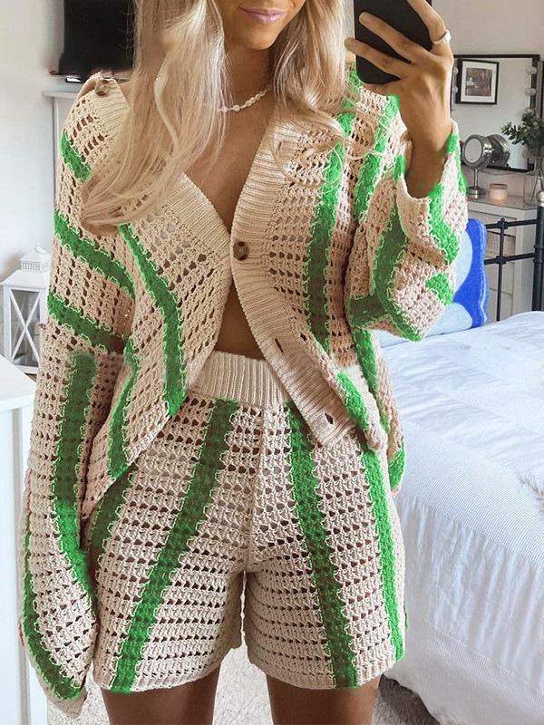 Women's Shorts Sweet Striped Hollow Knit Shorts - Shorts - INS | Online Fashion Free Shipping Clothing, Dresses, Tops, Shoes - 19/11/2021 - 20-30 - Bottoms