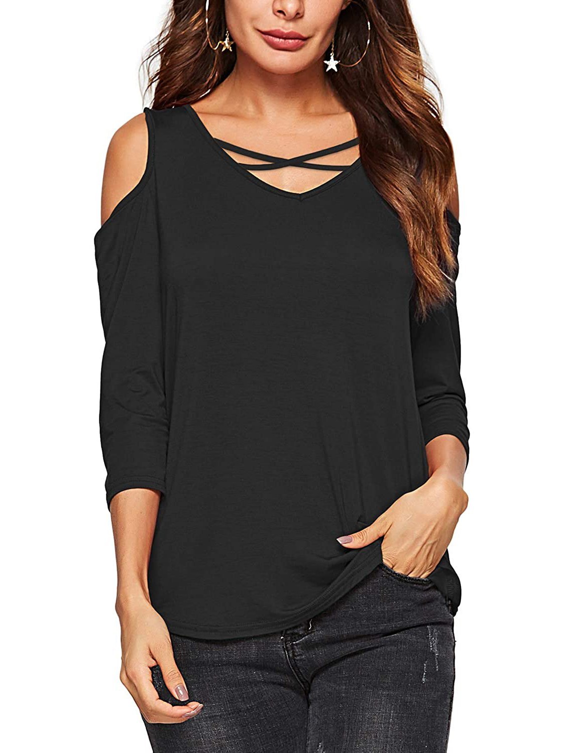 Women's Summer Shirts V Neck Criss Cross Casual Cold Shoulder Tops - T-Shirts - INS | Online Fashion Free Shipping Clothing, Dresses, Tops, Shoes - 16/03/2021 - Black - Color_Black