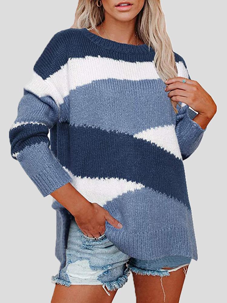 Women's Sweaters Colorblock Striped Irregular Long Sleeve Sweater - Cardigans & Sweaters - Instastyled | Online Fashion Free Shipping Clothing, Dresses, Tops, Shoes - 06/12/2021 - 30-40 - Cardigans & Sweaters