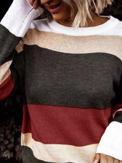 Women's Sweaters Colored Striped Loose Round Neck Sweater - Cardigans & Sweaters - INS | Online Fashion Free Shipping Clothing, Dresses, Tops, Shoes - 18/11/2021 - 30-40 - Cardigans & Sweaters