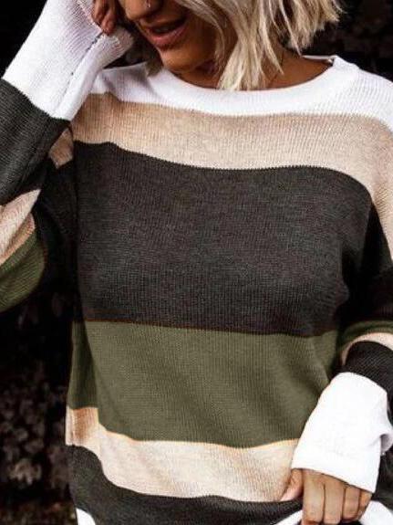 Women's Sweaters Colored Striped Loose Round Neck Sweater - Cardigans & Sweaters - INS | Online Fashion Free Shipping Clothing, Dresses, Tops, Shoes - 18/11/2021 - 30-40 - Cardigans & Sweaters
