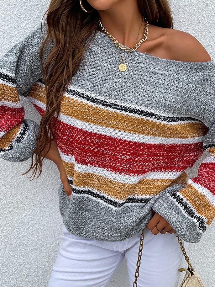 Women's Sweaters Contrasting Color-Neck Rainbow Striped Knitted Sweater - Sweaters - INS | Online Fashion Free Shipping Clothing, Dresses, Tops, Shoes - 11/08/2021 - 30-40 - color-coffee