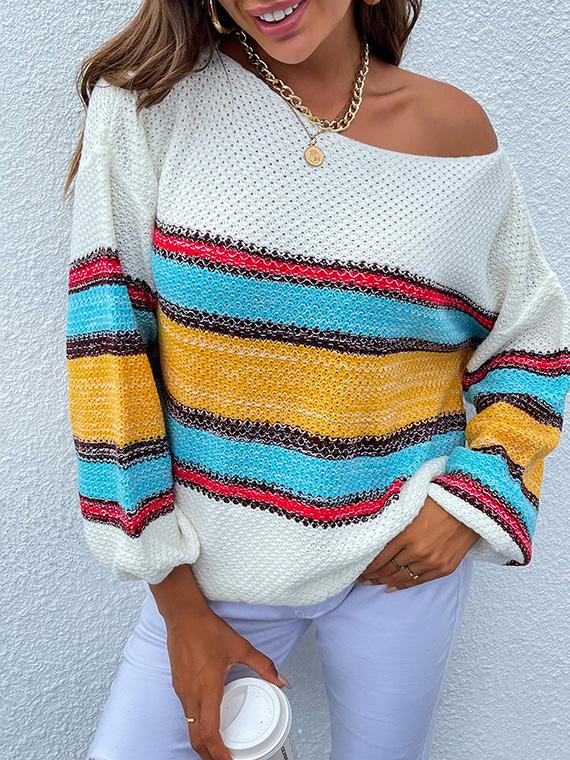 Women's Sweaters Contrasting Color-Neck Rainbow Striped Knitted Sweater - Sweaters - INS | Online Fashion Free Shipping Clothing, Dresses, Tops, Shoes - 11/08/2021 - 30-40 - color-coffee