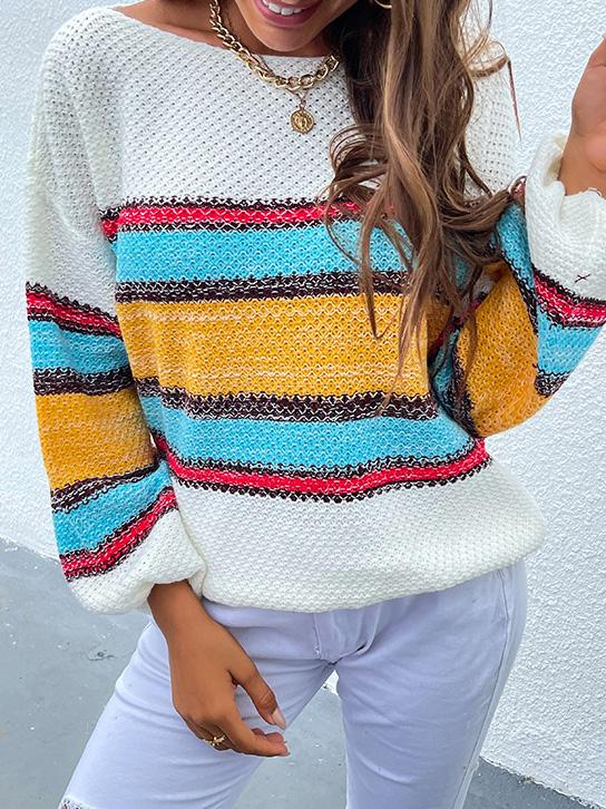 Women's Sweaters Contrasting Color-Neck Rainbow Striped Knitted Sweater - Sweaters - INS | Online Fashion Free Shipping Clothing, Dresses, Tops, Shoes - 11/08/2021 - 30-40 - color-coffee