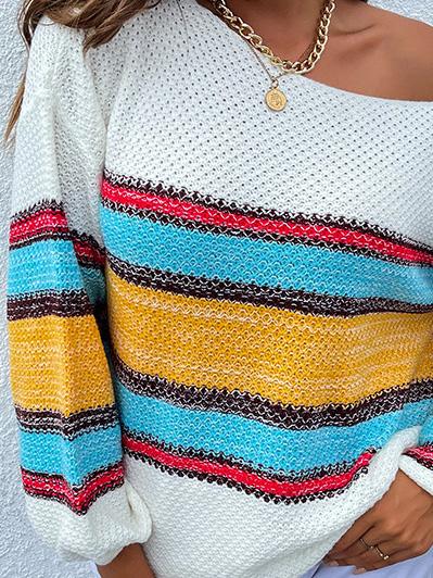 Women's Sweaters Contrasting Color-Neck Rainbow Striped Knitted Sweater - Sweaters - INS | Online Fashion Free Shipping Clothing, Dresses, Tops, Shoes - 11/08/2021 - 30-40 - color-coffee