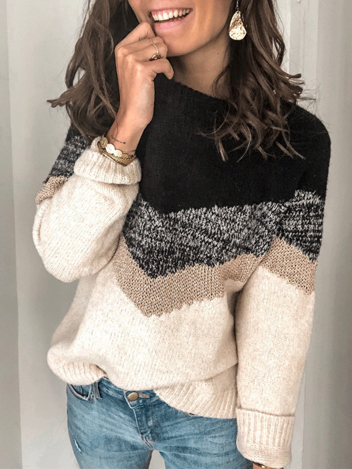 Women's Sweaters Contrasting Color Pullover Round Neck Long Sleeve Sweater - Cardigans & Sweaters - INS | Online Fashion Free Shipping Clothing, Dresses, Tops, Shoes - 20/11/2021 - 30-40 - Cardigans & Sweaters