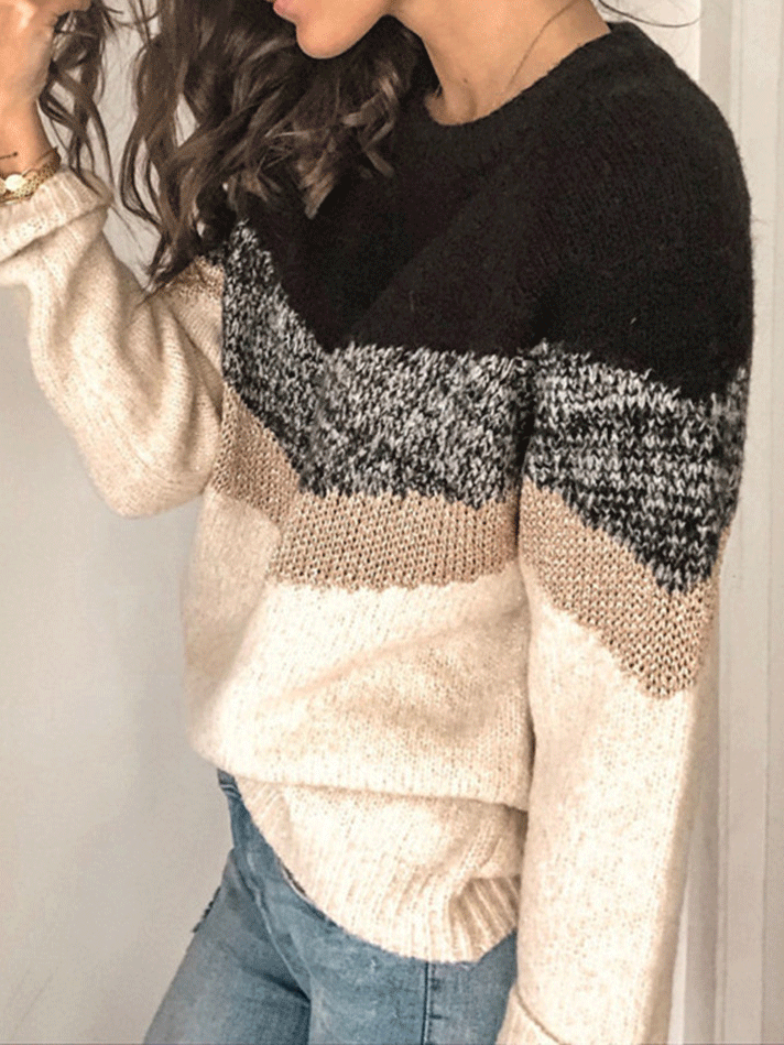 Women's Sweaters Contrasting Color Pullover Round Neck Long Sleeve Sweater - Cardigans & Sweaters - INS | Online Fashion Free Shipping Clothing, Dresses, Tops, Shoes - 20/11/2021 - 30-40 - Cardigans & Sweaters