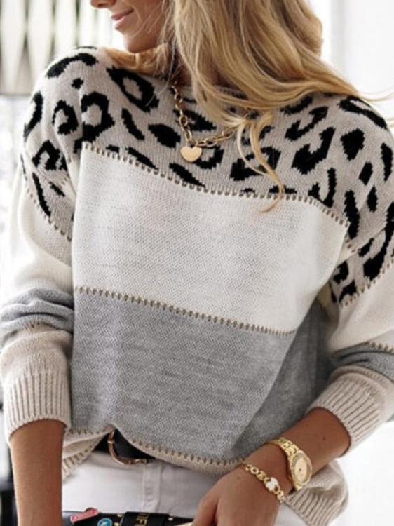 Women's Sweaters Leopard Print Color Block Round Neck Long Sleeve Sweater - Cardigans & Sweaters - INS | Online Fashion Free Shipping Clothing, Dresses, Tops, Shoes - 22/11/2021 - 30-40 - Cardigans & Sweaters