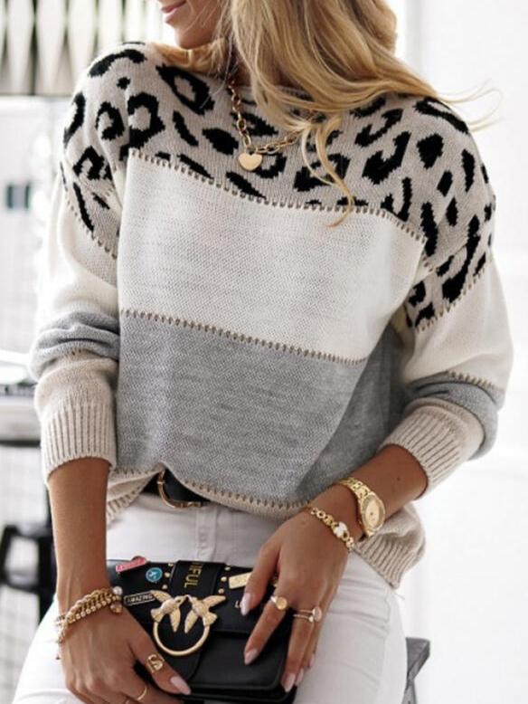 Women's Sweaters Leopard Print Color Block Round Neck Long Sleeve Sweater - Cardigans & Sweaters - INS | Online Fashion Free Shipping Clothing, Dresses, Tops, Shoes - 22/11/2021 - 30-40 - Cardigans & Sweaters