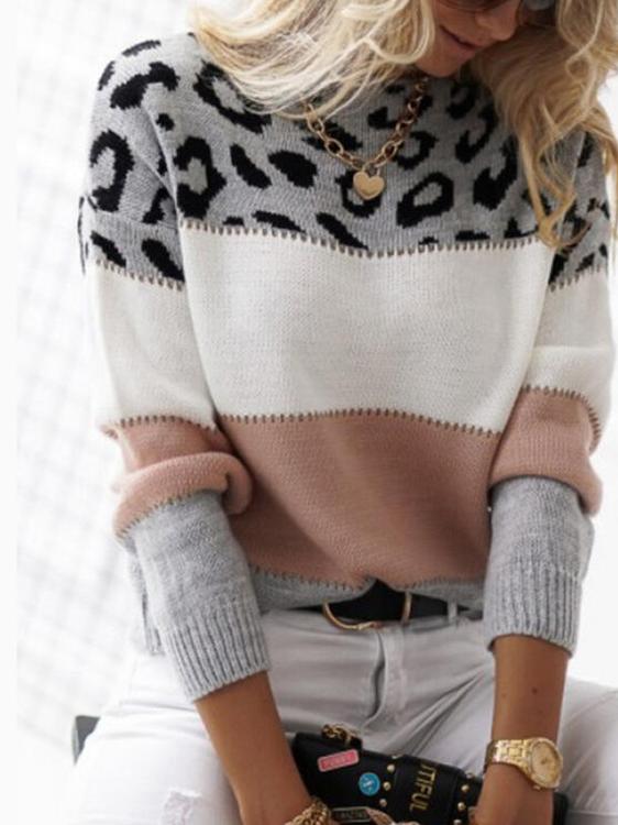 Women's Sweaters Leopard Print Color Block Round Neck Long Sleeve Sweater - Cardigans & Sweaters - INS | Online Fashion Free Shipping Clothing, Dresses, Tops, Shoes - 22/11/2021 - 30-40 - Cardigans & Sweaters
