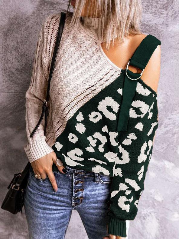 Women's Sweaters Leopard Print Color Block Turtleneck Off-Shoulder Sweater - Sweaters - INS | Online Fashion Free Shipping Clothing, Dresses, Tops, Shoes - 20/08/2021 - 40-50 - Cardigans & Sweaters