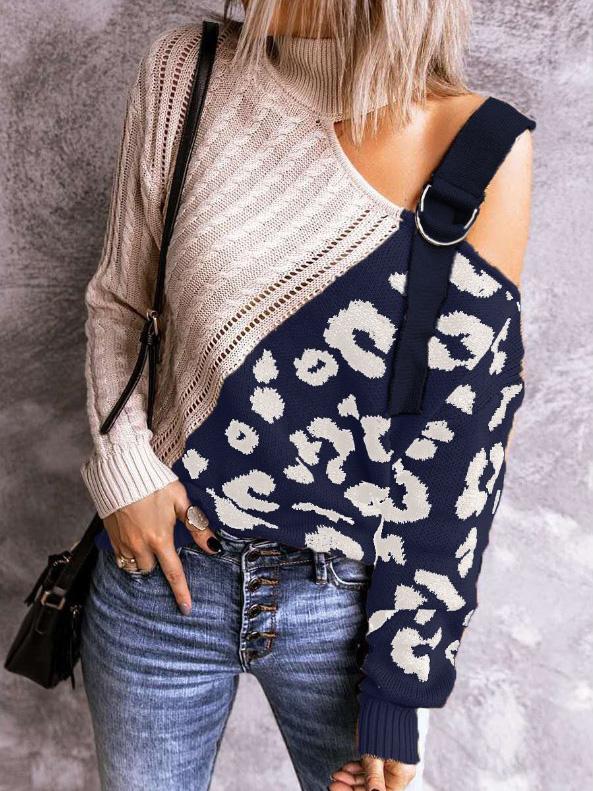 Women's Sweaters Leopard Print Color Block Turtleneck Off-Shoulder Sweater - Sweaters - INS | Online Fashion Free Shipping Clothing, Dresses, Tops, Shoes - 20/08/2021 - 40-50 - Cardigans & Sweaters