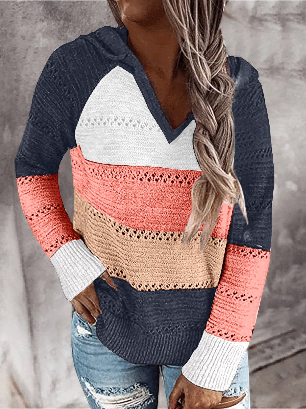 Women's Sweaters Mixed Color Hollow V-Neck Long Sleeve Sweater - Sweaters - INS | Online Fashion Free Shipping Clothing, Dresses, Tops, Shoes - 10/08/2021 - 20-30 - Cardigans & Sweaters