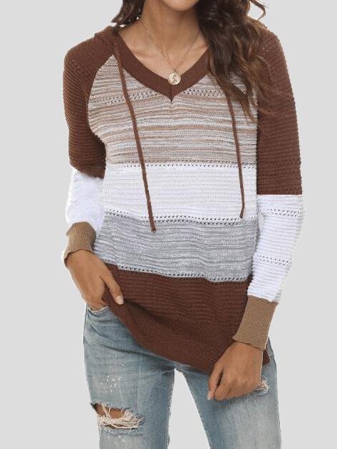 Women's Sweaters Mixed Color Hollow V-Neck Long Sleeve Sweater - Sweaters - INS | Online Fashion Free Shipping Clothing, Dresses, Tops, Shoes - 10/08/2021 - 20-30 - Cardigans & Sweaters