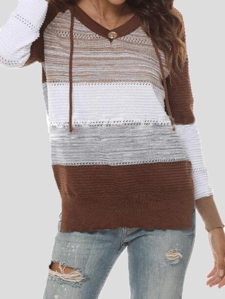 Women's Sweaters Mixed Color Hollow V-Neck Long Sleeve Sweater - Sweaters - INS | Online Fashion Free Shipping Clothing, Dresses, Tops, Shoes - 10/08/2021 - 20-30 - Cardigans & Sweaters