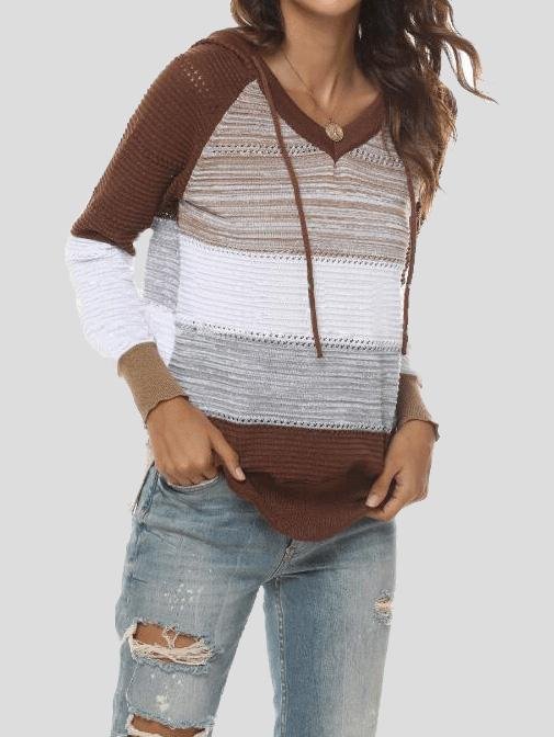 Women's Sweaters Mixed Color Hollow V-Neck Long Sleeve Sweater - Sweaters - INS | Online Fashion Free Shipping Clothing, Dresses, Tops, Shoes - 10/08/2021 - 20-30 - Cardigans & Sweaters