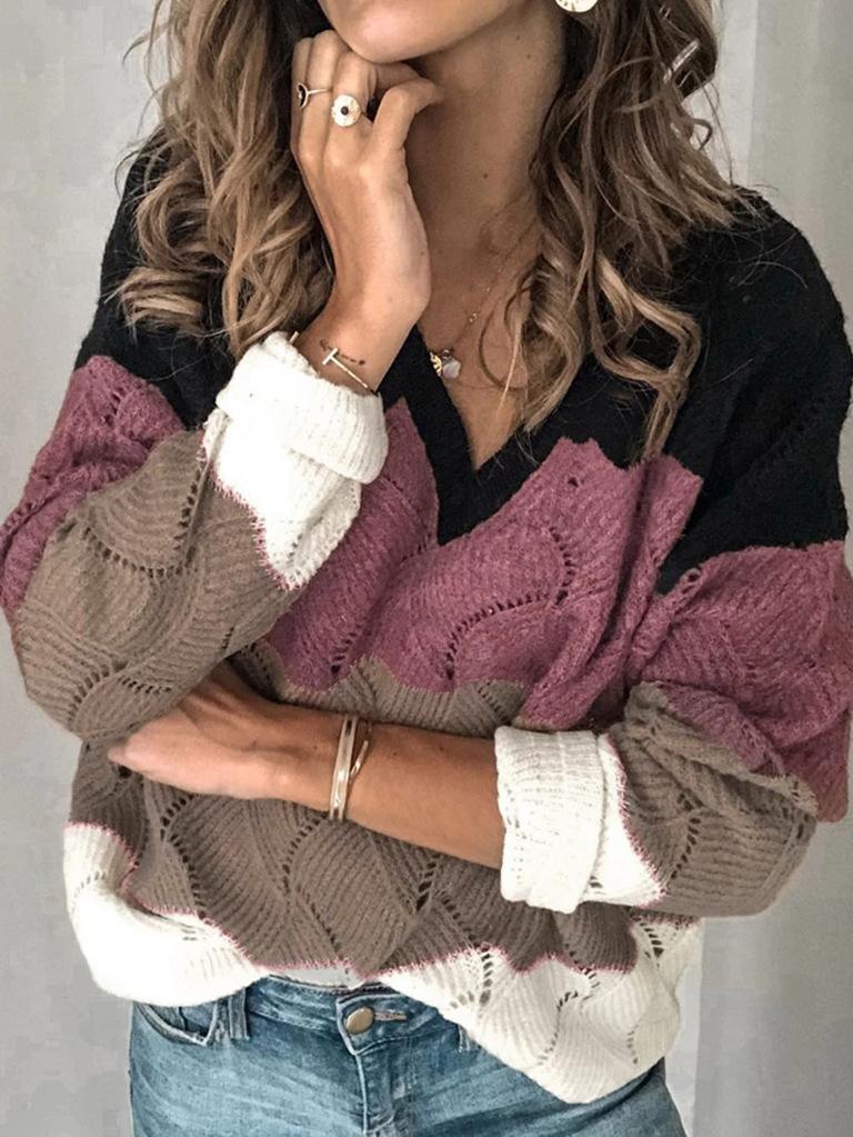 Women's Sweaters Multicolor Stitching V-Neck Hollow Sweater - Cardigans & Sweaters - INS | Online Fashion Free Shipping Clothing, Dresses, Tops, Shoes - 12/11/2021 - 30-40 - Cardigans & Sweaters