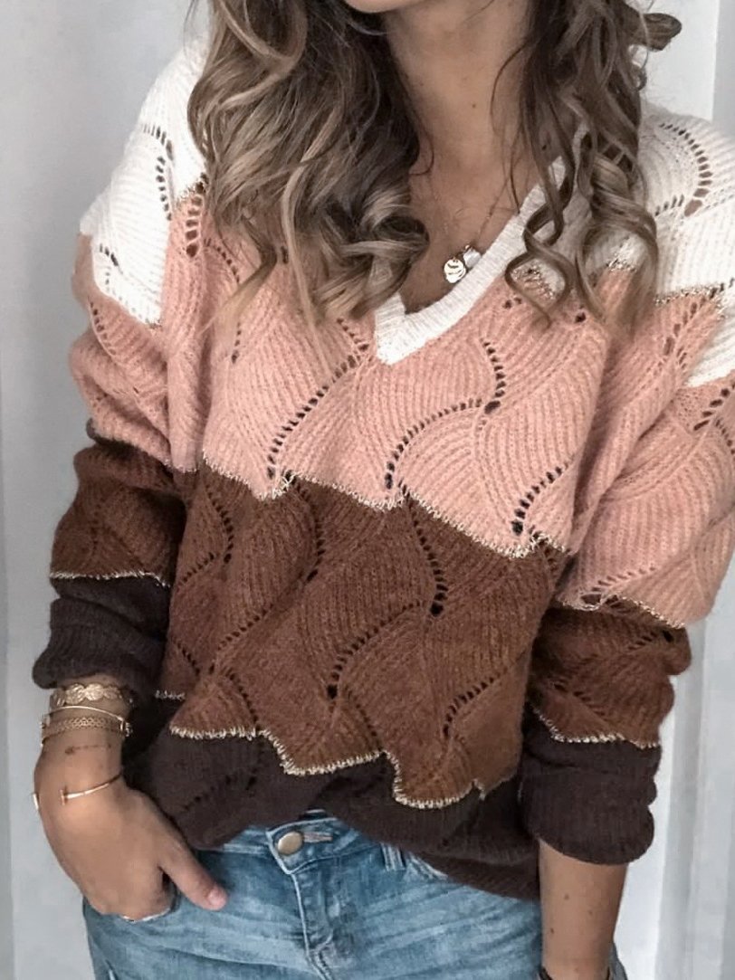Women's Sweaters Multicolor Stitching V-Neck Hollow Sweater - Cardigans & Sweaters - INS | Online Fashion Free Shipping Clothing, Dresses, Tops, Shoes - 12/11/2021 - 30-40 - Cardigans & Sweaters