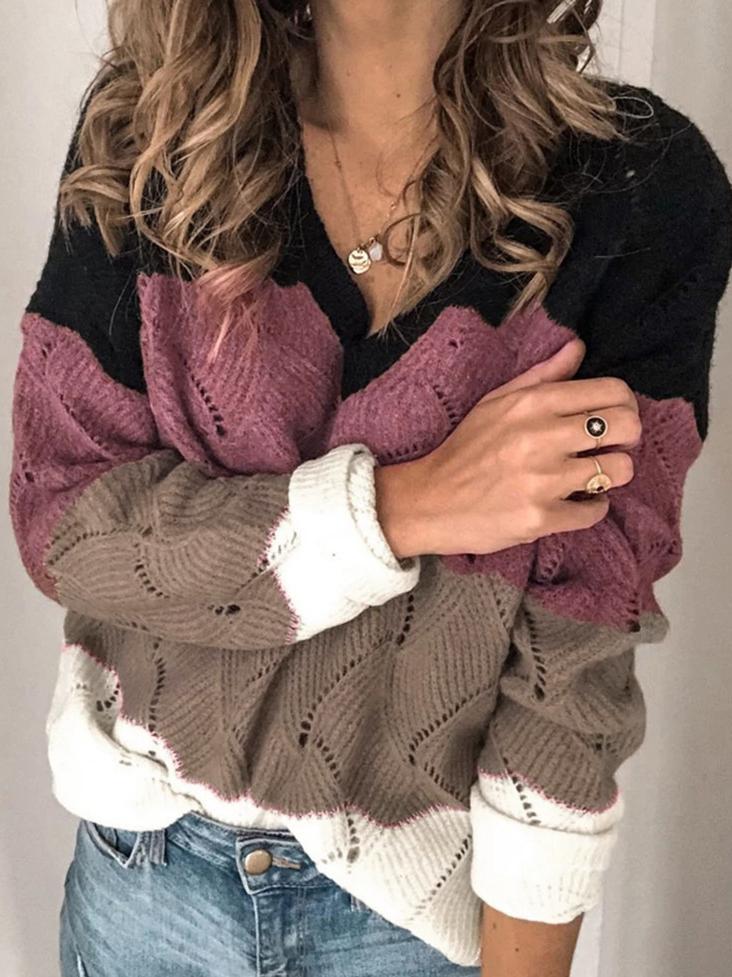 Women's Sweaters Multicolor Stitching V-Neck Hollow Sweater - Cardigans & Sweaters - INS | Online Fashion Free Shipping Clothing, Dresses, Tops, Shoes - 12/11/2021 - 30-40 - Cardigans & Sweaters