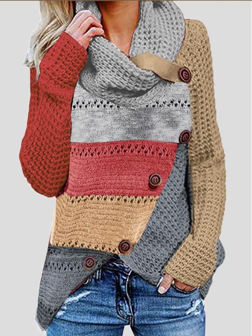 Women's Sweaters Multicolor Striped High Collar Button Long Sleeve Knit Sweater - Cardigans & Sweaters - INS | Online Fashion Free Shipping Clothing, Dresses, Tops, Shoes - 01/12/2021 - 30-40 - Cardigans & Sweaters