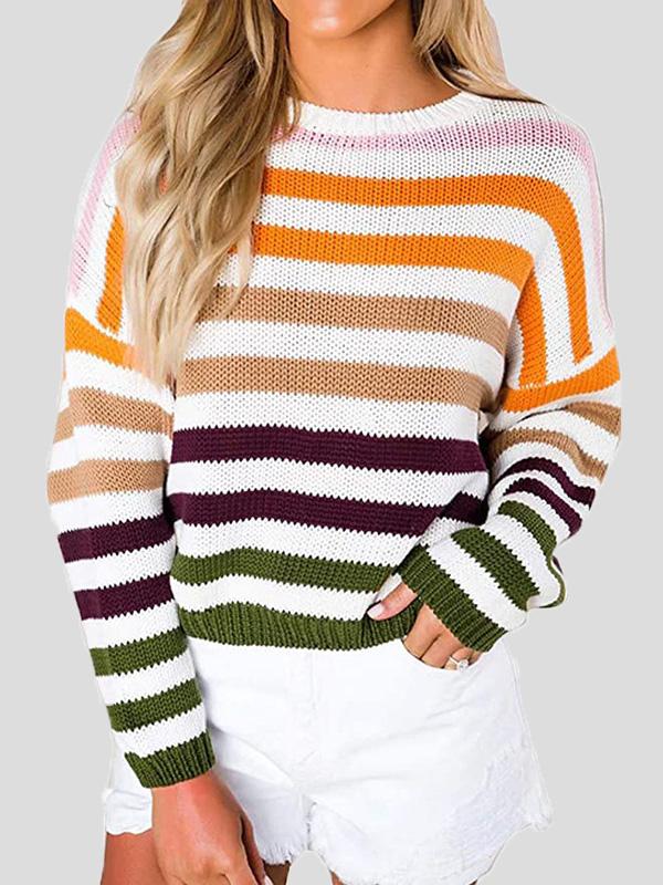Women's Sweaters Multicolor Striped Round Neck Knitted Sweater - Cardigans & Sweaters - INS | Online Fashion Free Shipping Clothing, Dresses, Tops, Shoes - 04/09/2021 - 30-40 - Cardigans & Sweaters