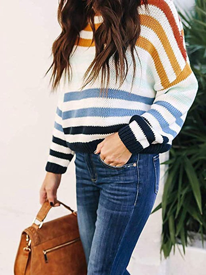 Women's Sweaters Multicolor Striped Round Neck Knitted Sweater - Cardigans & Sweaters - INS | Online Fashion Free Shipping Clothing, Dresses, Tops, Shoes - 04/09/2021 - 30-40 - Cardigans & Sweaters