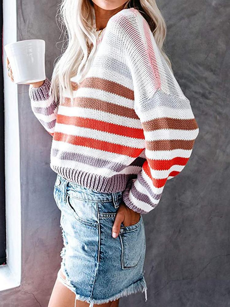 Women's Sweaters Multicolor Striped Round Neck Knitted Sweater - Cardigans & Sweaters - INS | Online Fashion Free Shipping Clothing, Dresses, Tops, Shoes - 04/09/2021 - 30-40 - Cardigans & Sweaters