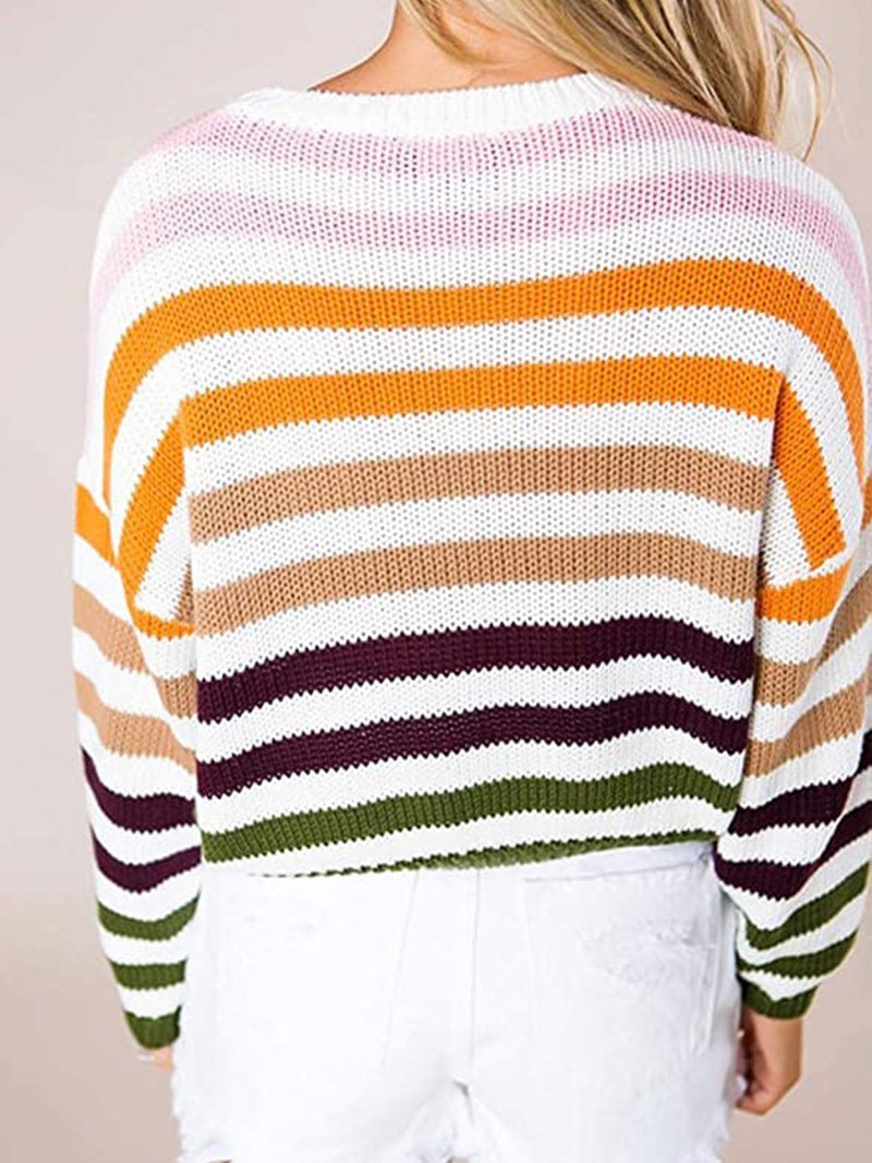 Women's Sweaters Multicolor Striped Round Neck Knitted Sweater - Cardigans & Sweaters - INS | Online Fashion Free Shipping Clothing, Dresses, Tops, Shoes - 04/09/2021 - 30-40 - Cardigans & Sweaters