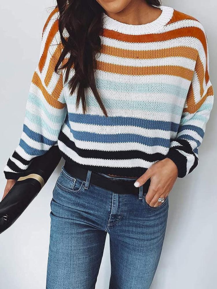Women's Sweaters Multicolor Striped Round Neck Knitted Sweater - Cardigans & Sweaters - INS | Online Fashion Free Shipping Clothing, Dresses, Tops, Shoes - 04/09/2021 - 30-40 - Cardigans & Sweaters