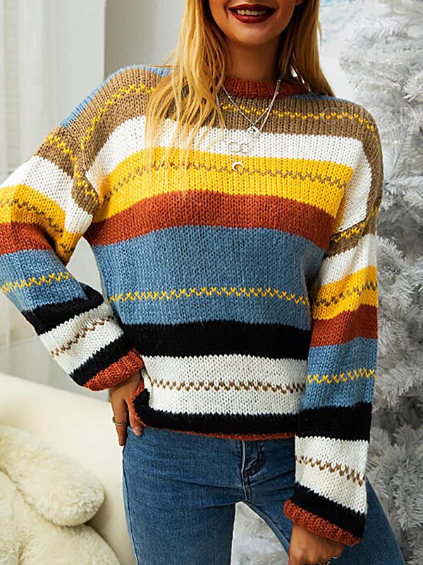 Women's Sweaters Multicolor Striped Round Neck Long Sleeve Sweater - Cardigans & Sweaters - INS | Online Fashion Free Shipping Clothing, Dresses, Tops, Shoes - 04/11/2021 - 20-30 - Cardigans & Sweaters