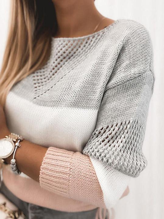 Women's Sweaters Round Neck Contrast Color Hollow Split Long Sleeve Sweater - Cardigans & Sweaters - INS | Online Fashion Free Shipping Clothing, Dresses, Tops, Shoes - 24/11/2021 - Cardigans & Sweaters - color-pink